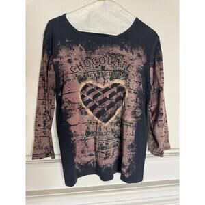 Katina Marie Rhinestone Chocolate Jeweled Black 3/4  Tee Womens Size L USA MADE